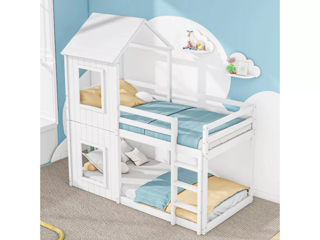 Lits Superposés Enfant 90*200 cm - Lit Maison Avec Échelle et Baldaquin - Du Sol Au Plafond - Bois Massif - Blanc