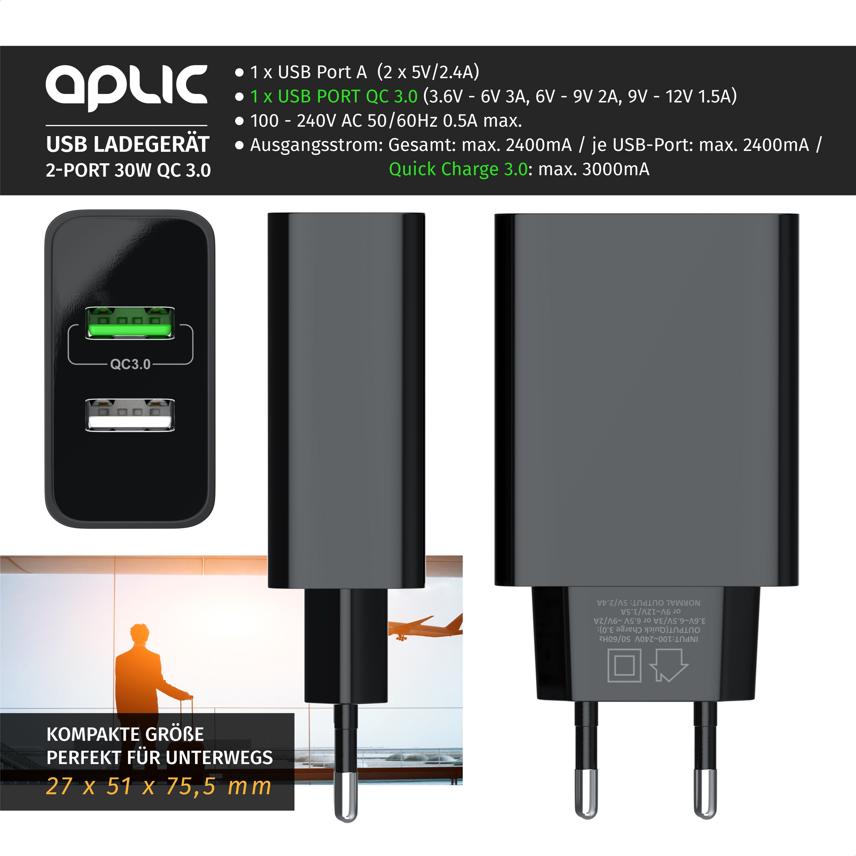 Aplic USB-Ladegerät 3000 mA, 2-Port, 30W, Quick Charge 3.0 (QC 3.0) Schnelladefunktion