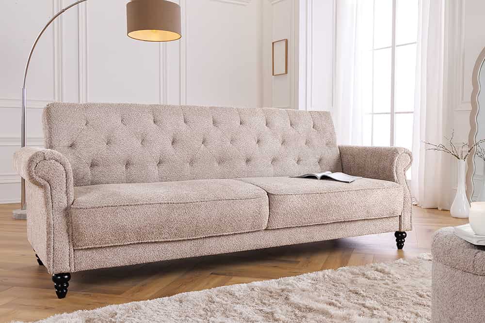 Chesterfield 3-Sitzer Sofa MAISON BELLE AFFAIRE 220cm greige Bouclé mit Schlaffunktion