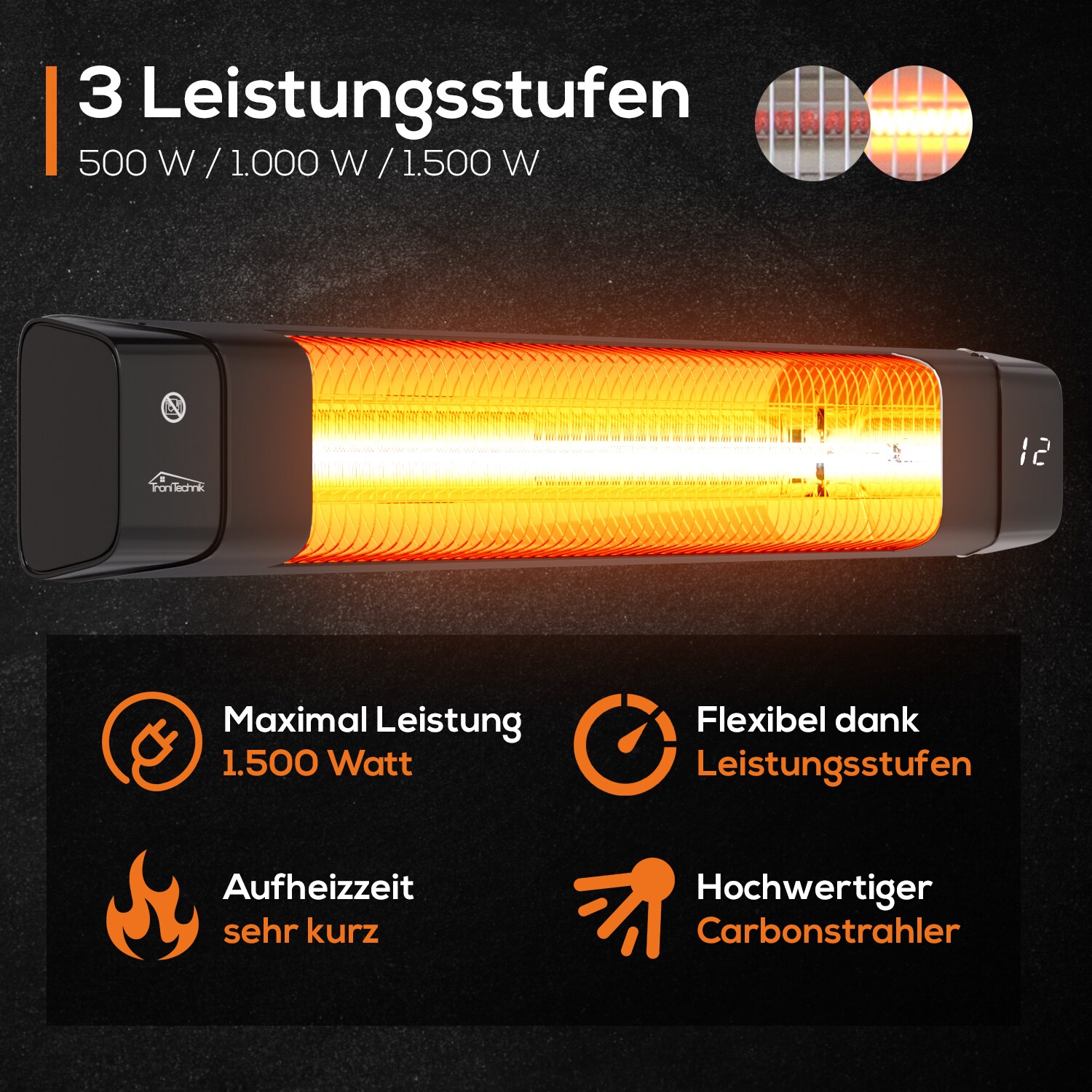 Tronitechnik® Infrarot Heizstrahler mit Fernbedienung Wärmestrahler Terrassenstrahler Innen & Außen Wand-Heizstrahler