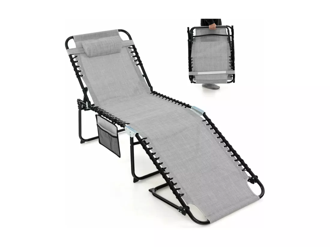 Chaise Longue Pliante avec Appuie-tête Amovible Dossier Réglable à 4 Positions Acier Antirouille pour CamBoisg Terrasse,Gris
