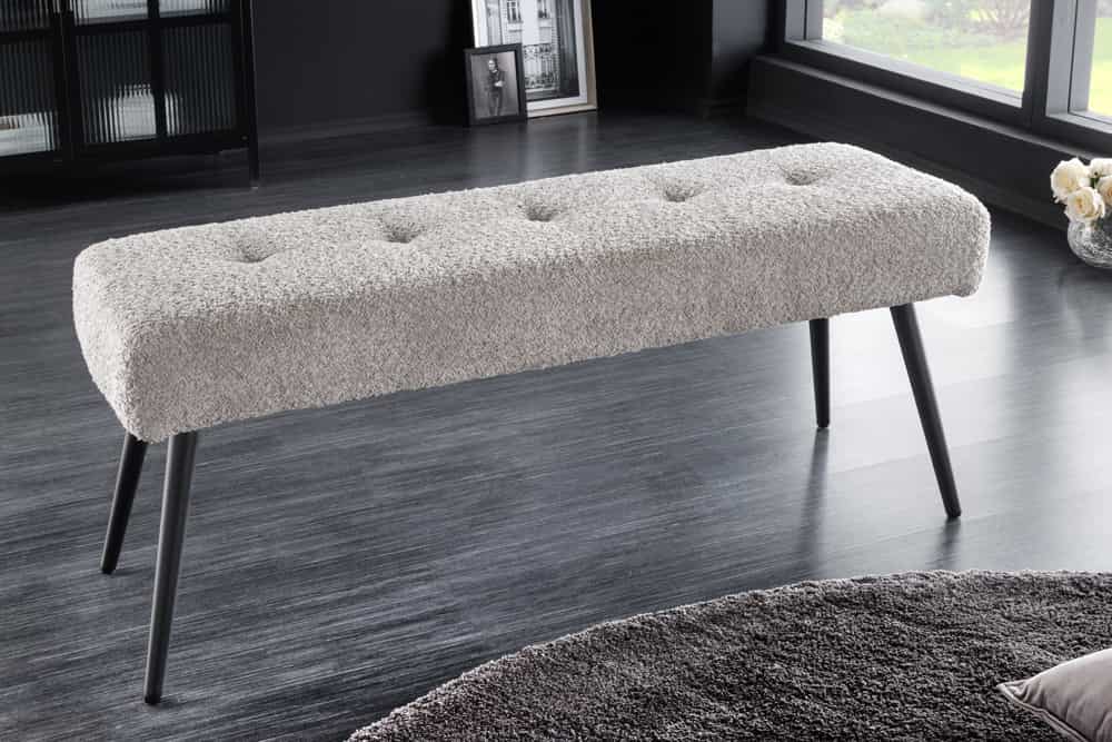 Design Sitzbank BOUTIQUE 100cm champagner greige Bouclé schwarze Metallbeine Polsterbank