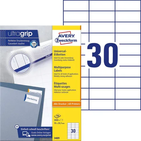 Avery Zweckform 3489 Universal-Etiketten,A4 mit ultragrip,70 x 29,7 mm, 100 Bogen/3.000 Etiketten, weiß