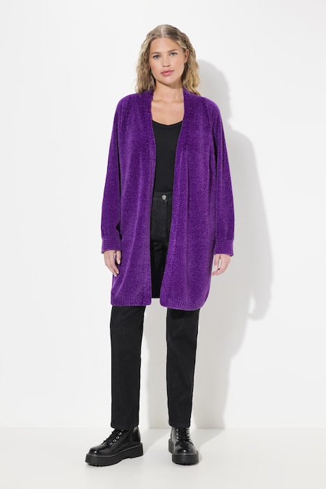 Chenille-Strickjacke, Oversized, V-Ausschnitt, offene Form