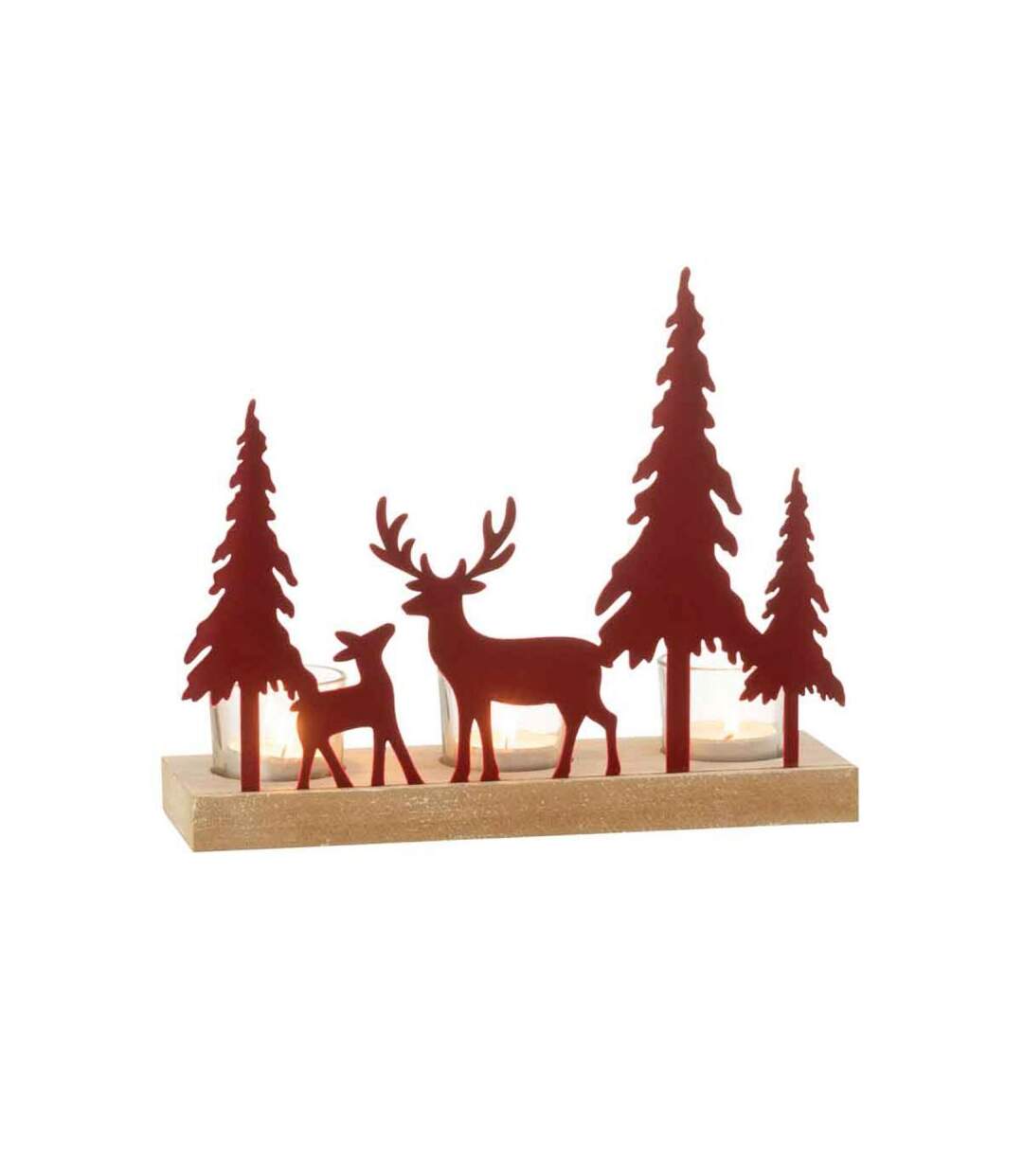 Paris Prix - Photophore 3 Bougies rennes & Sapin 25cm Rouge