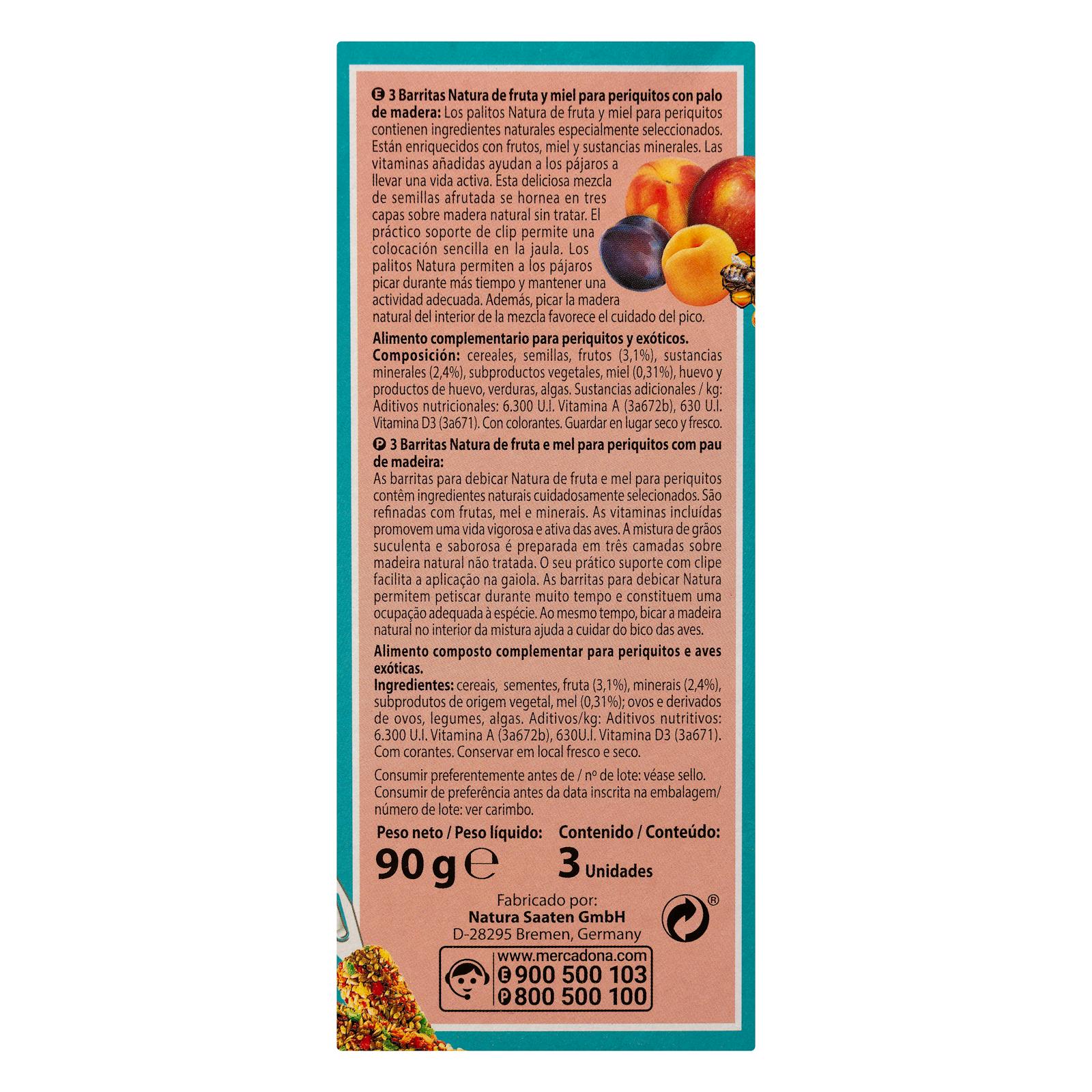 Barres de fruits et de miel Natura pour perruches