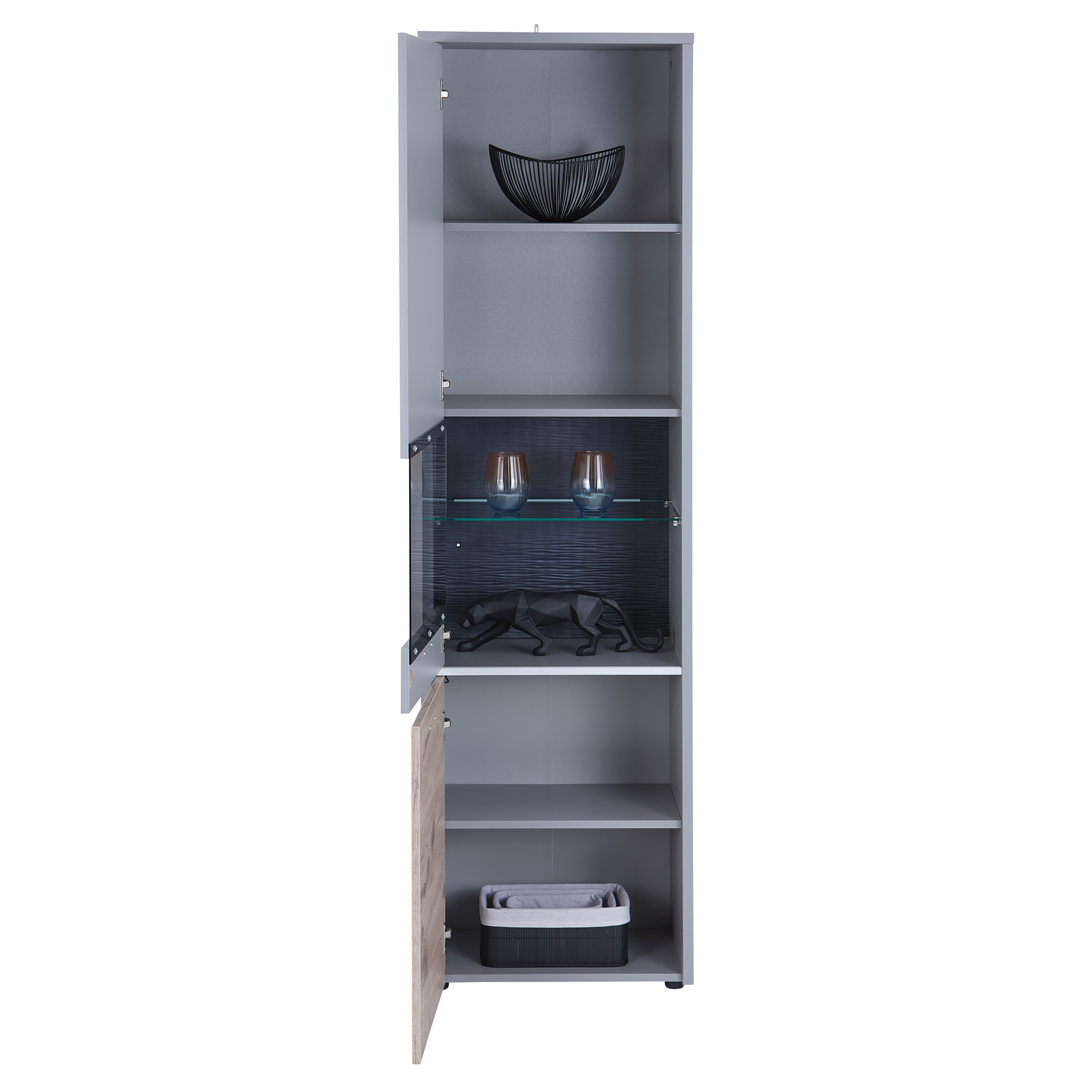 Standvitrine DYNAMIC - Nox Oak-hellgrau - mit Beleuchtung