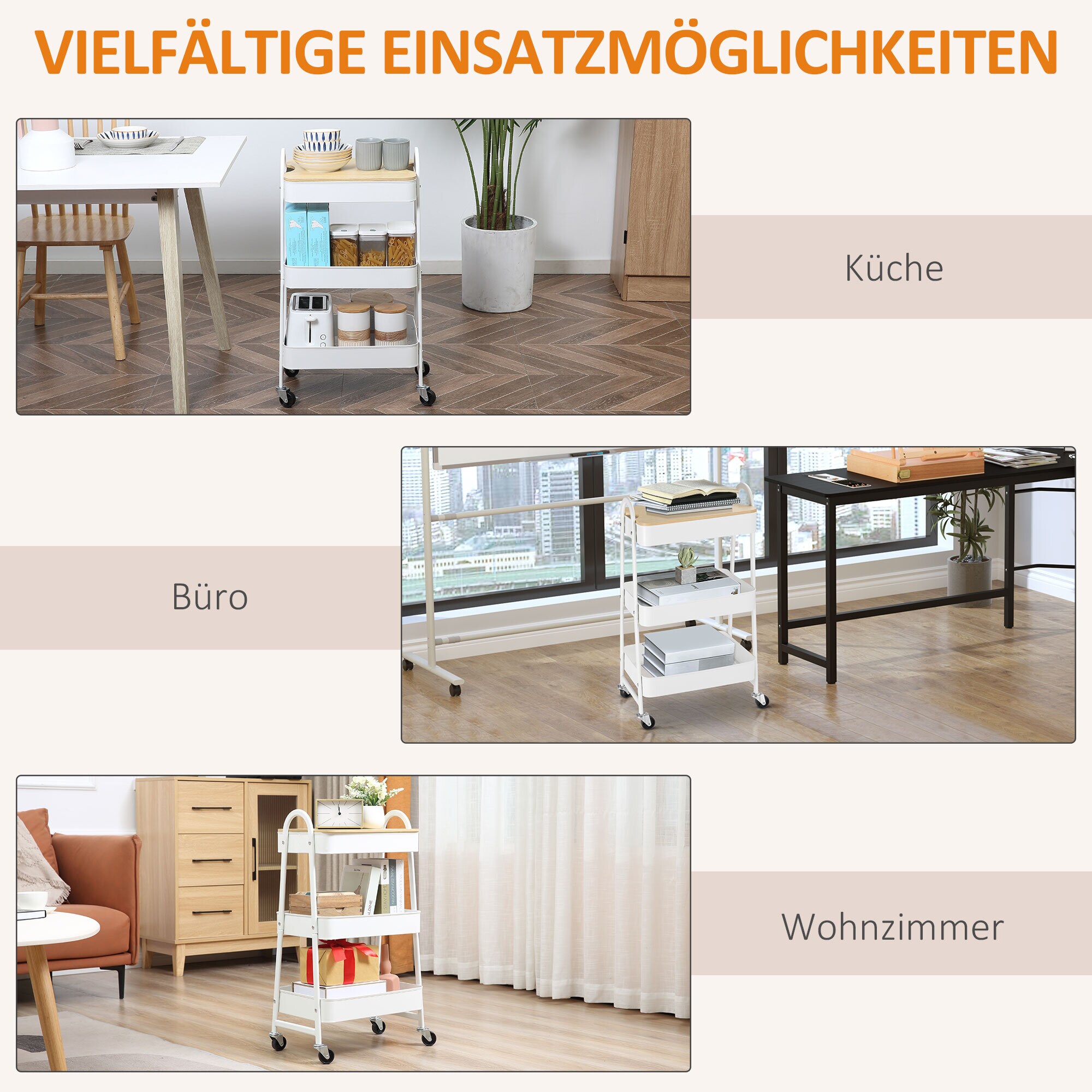 HOMCOM Küchenwagen mit 4 Universalräder weiß 45L x 31B x 79,4H cm