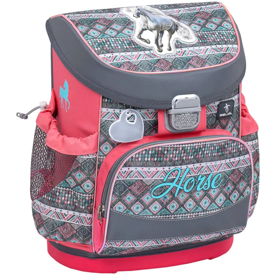 Belmil Schulranzen Mini Fit Schulranzen Set 4-teilig mit Brustgurt Horse Aruba Blue