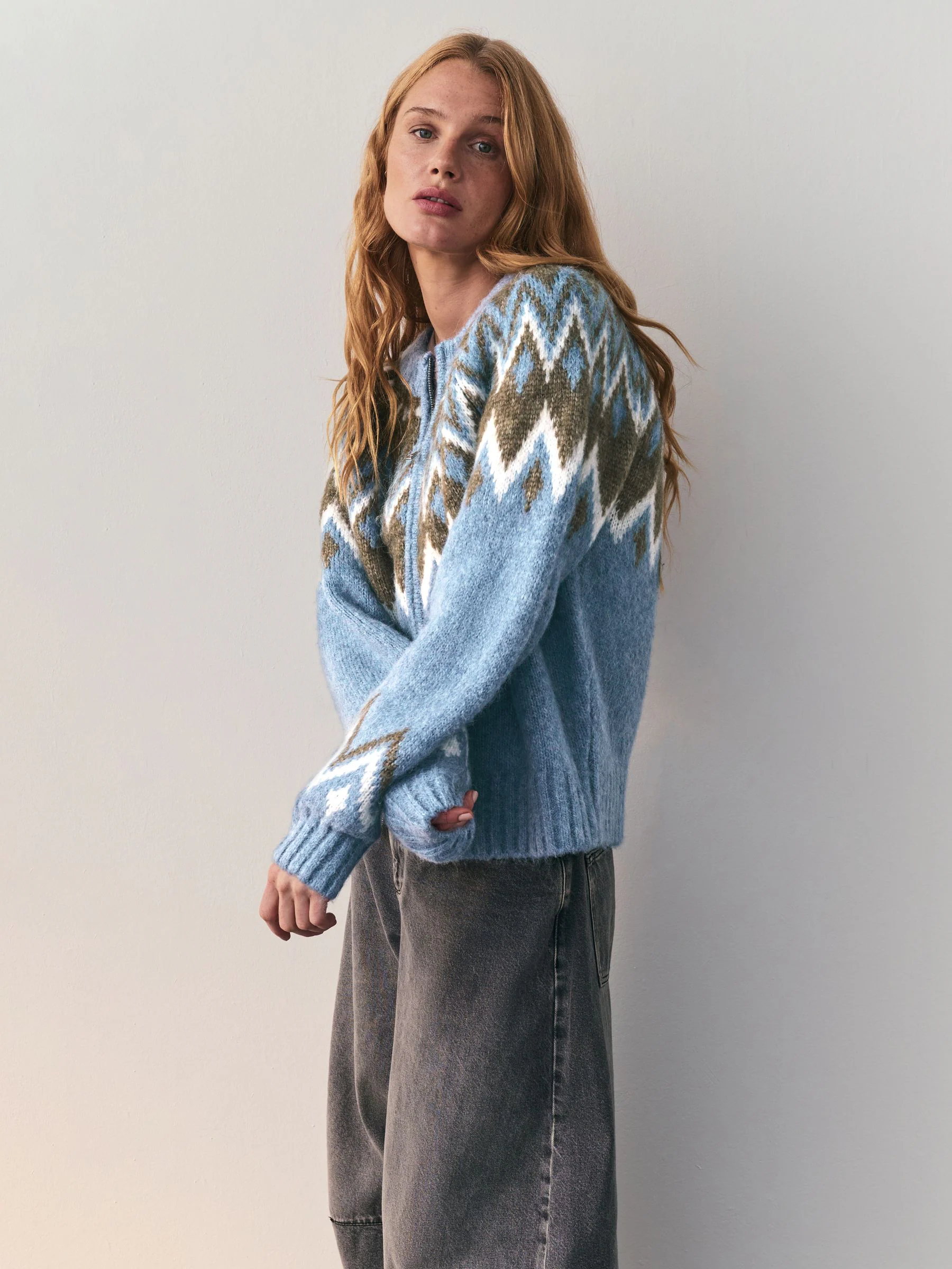 Blauw - Nothing Ordinary Check Fairisle Pattern Knit Zip Through Jumper With Wool
