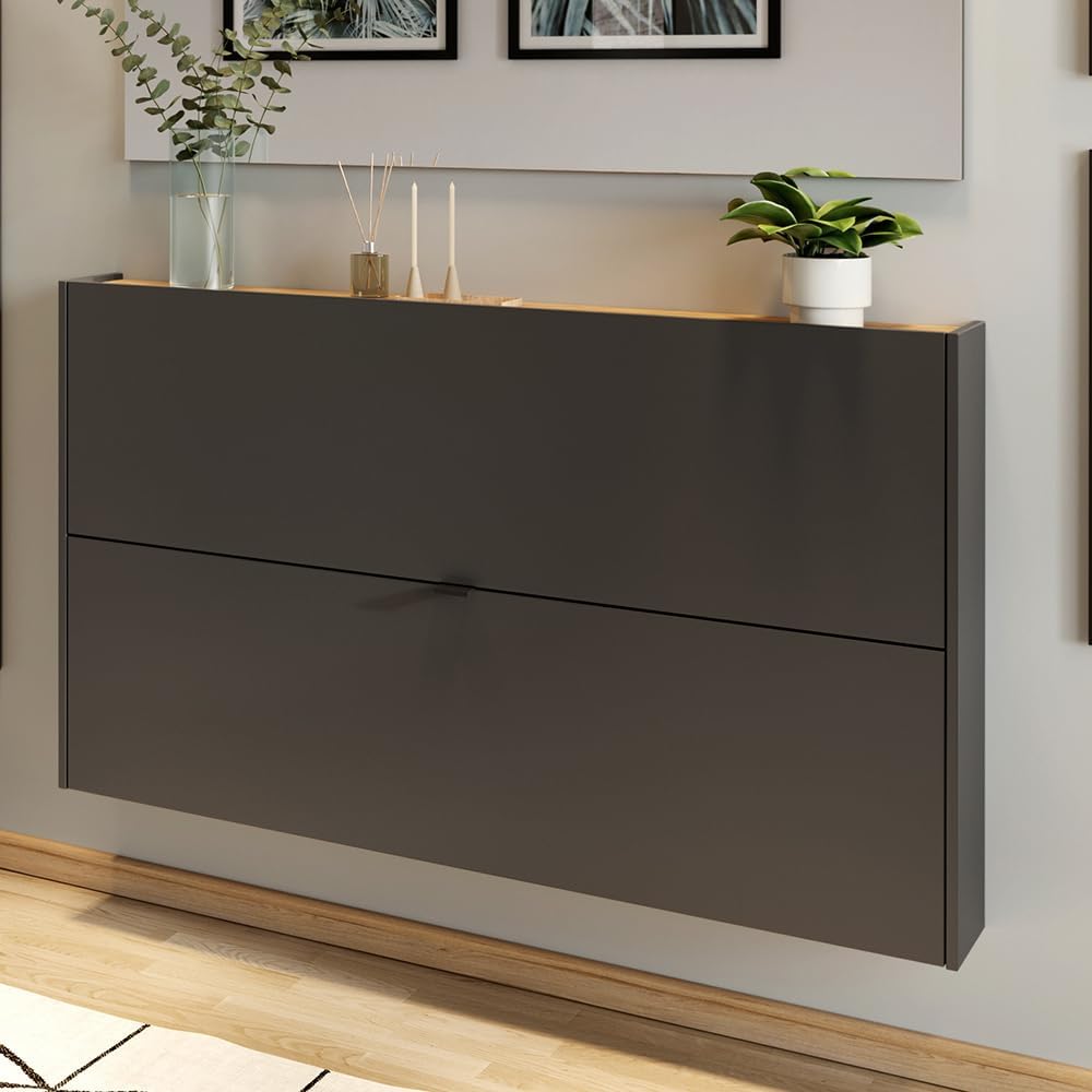 Lomadox Flurschrank Schuhschrank 140cm in grau mit Eiche ideal für schmale Flure