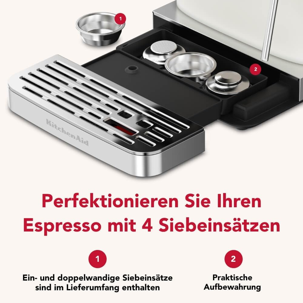 KitchenAid kaffeemaschine mit mahlwerk I Halbautomatische Espressomaschine I Heißgetränke von Espresso bis Cappuccino I Milchschäumerfür, Milchkännchen, Bohnenbehälter (Weiss)