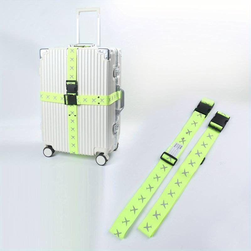 (2er Set) Verstellbarer Gepäckgurt Band für Koffer / Taschen mit Reflektoren   Adressschild - Neon Grün