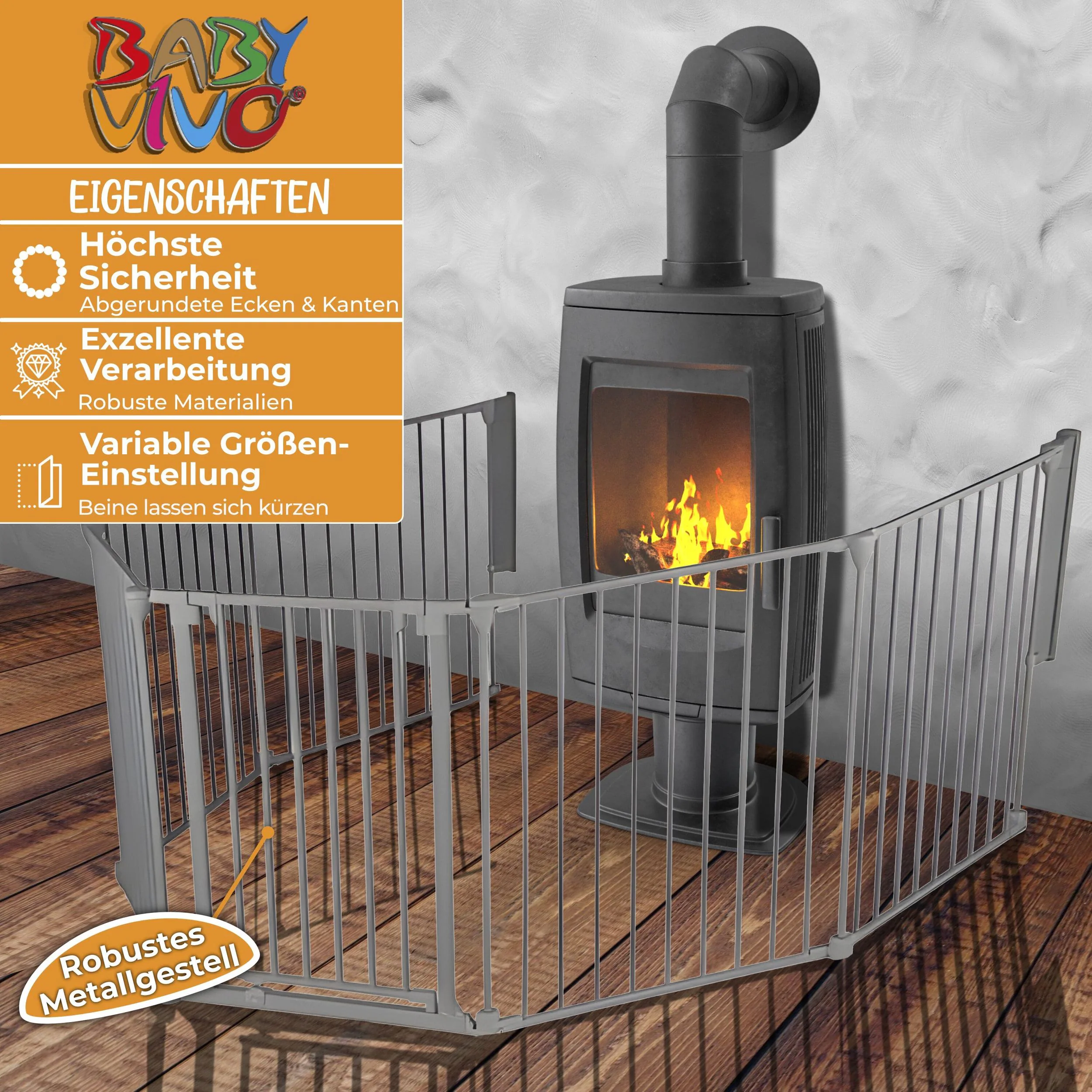 Baby Vivo Kaminschutzgitter 380 cm XXL / Absperrgitter 5+1 mit Tür in Stahlgrau (5 Elemente und eine Tür) - PREMIUM