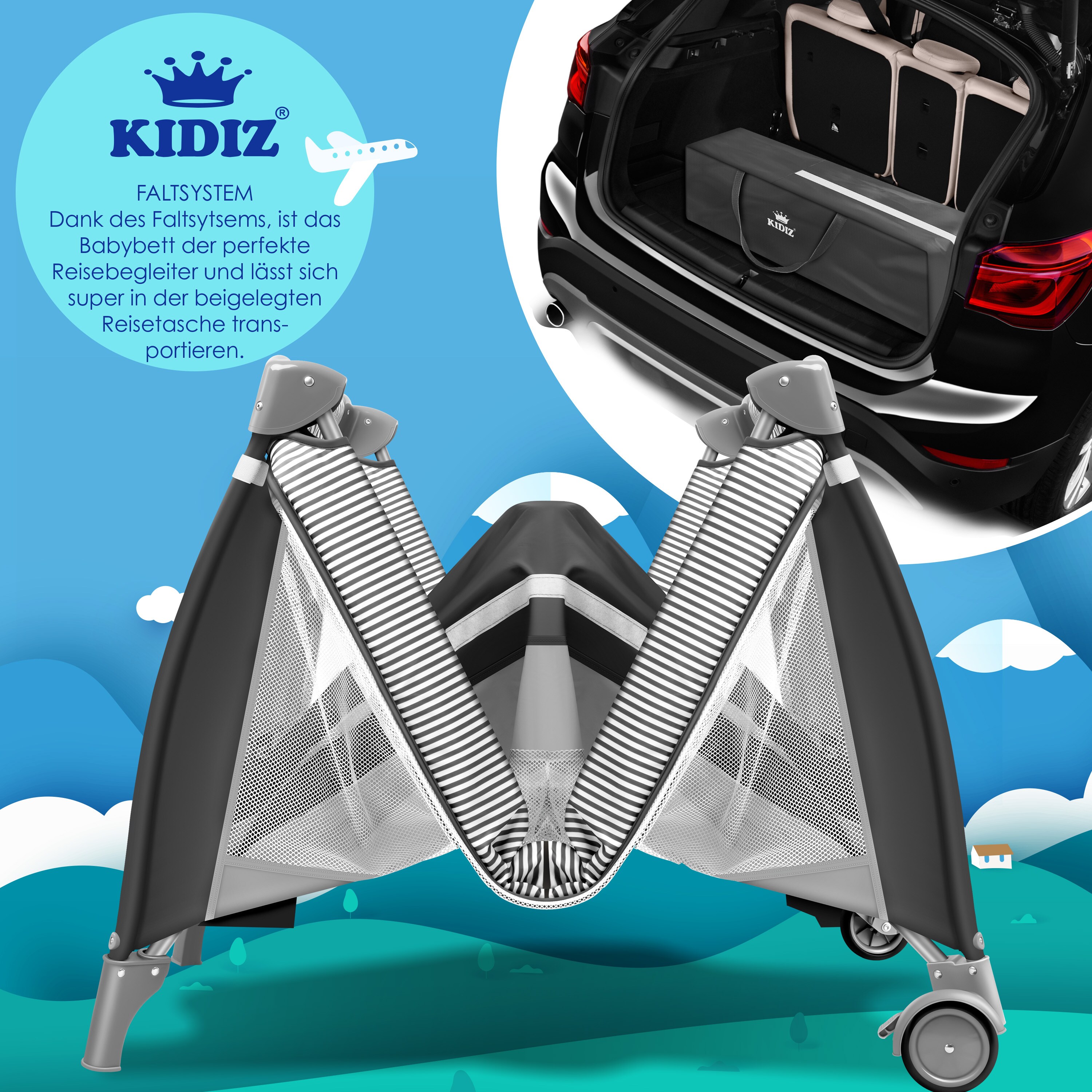 KIDIZ® Babybett 3 in 1 Reisebett Kombi Set Baby Bett mit Wickelauflage Moskitonetz Laufstall Baby ab Geburt bis 15 kg luftige Seitenwände mit Seiteneingang Tragetasche zusammenklappbar