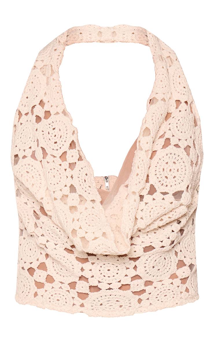 Crème Haut Court Col Bénitier Licou En Crochet Ensemble Coordonné
