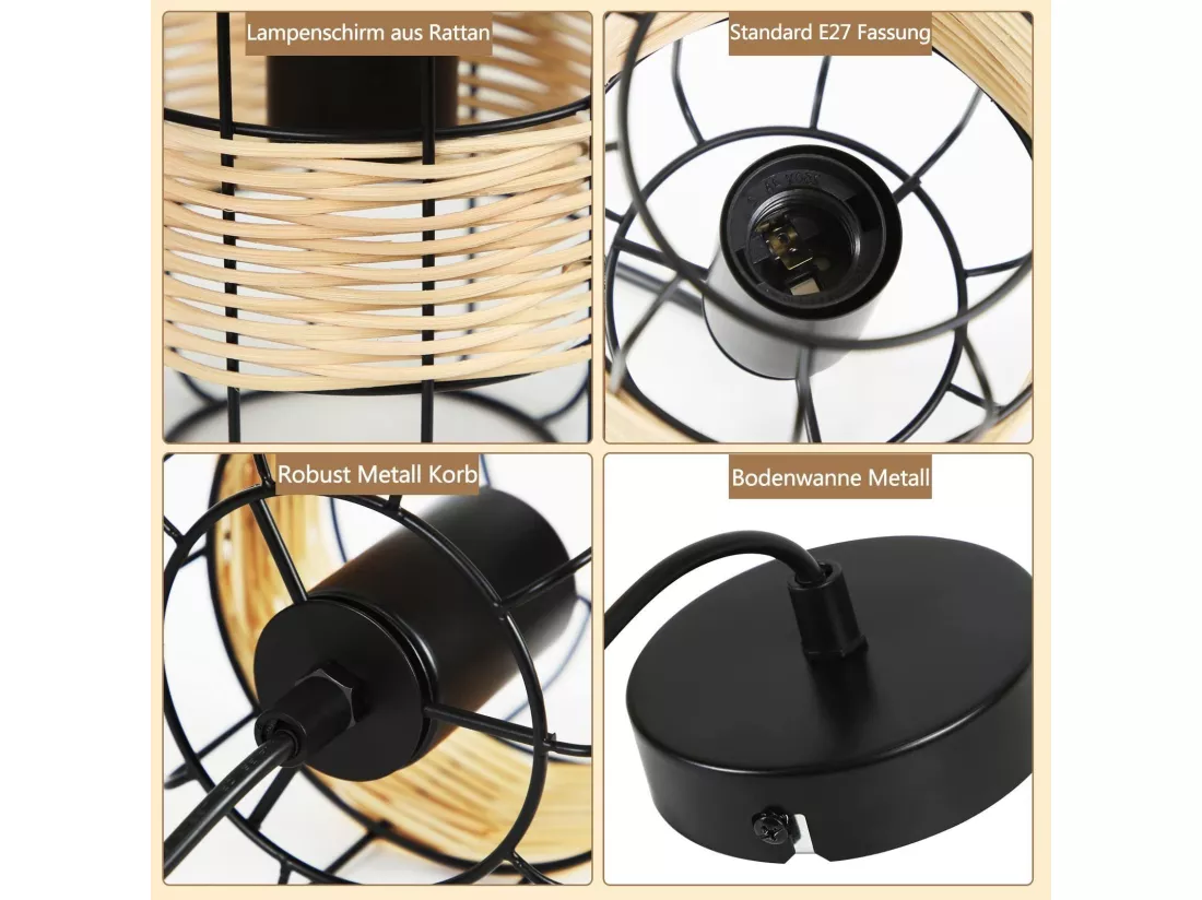 NETTLIFE Suspension E27 Noir Vintage Rotin Boho Métal Bois Lampe de Cuisine Bambou Naturel Abat-Jour Panier pour Salle à Manger Salon