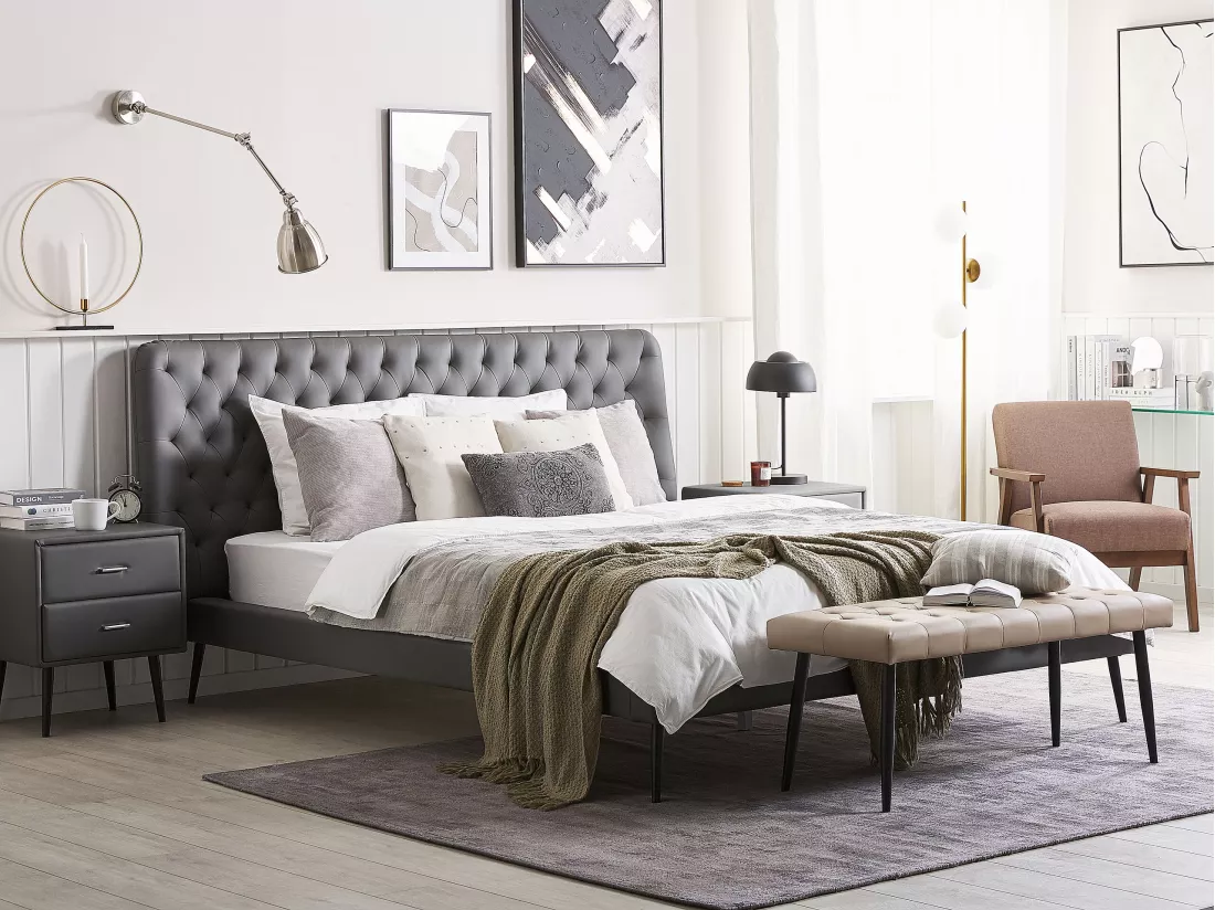 Ensemble de chambre Cuir PU ESSONNE 180 x 200 cm Gris