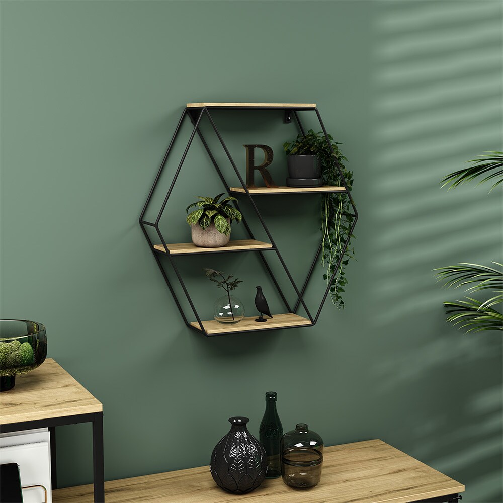 Vicco Wandregal Fyrk, hexagon, 51 x 52 cm, Eiche Schwarz, Metall, Hängeregal, Industrial