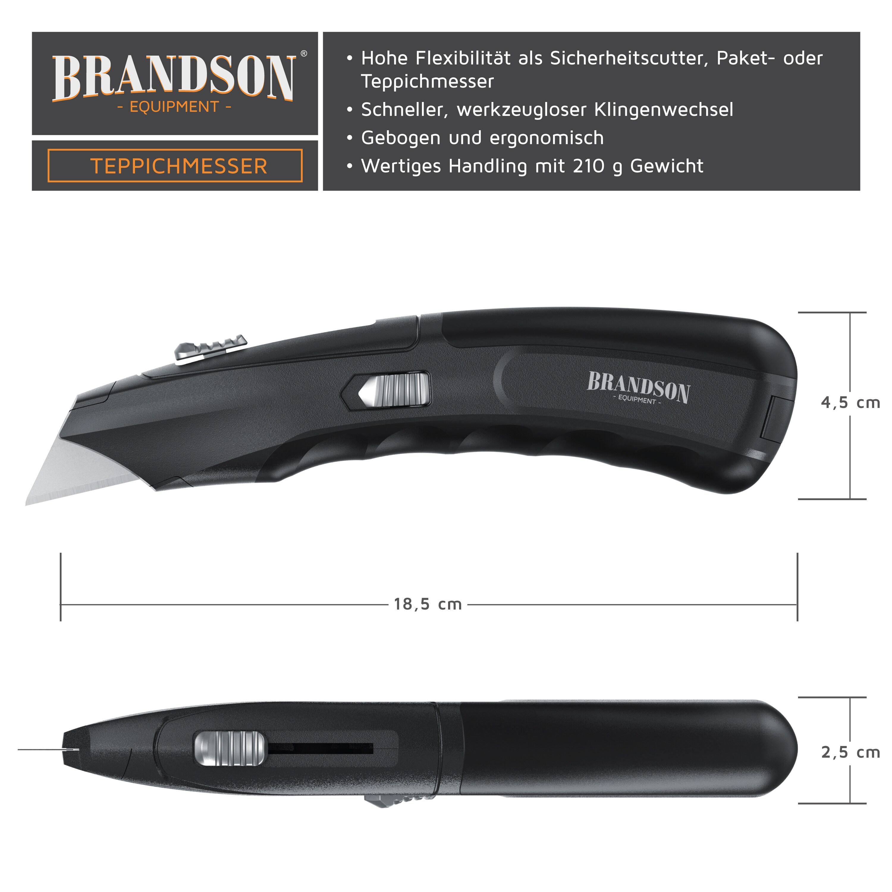Brandson Teppichmesser zinklegiertes Gehäuse - Kartonmesser - Profi Messer - Cuttermesser - inkl. Ersatzklingen im Magazin - Trapezklingen SK5 Klingen