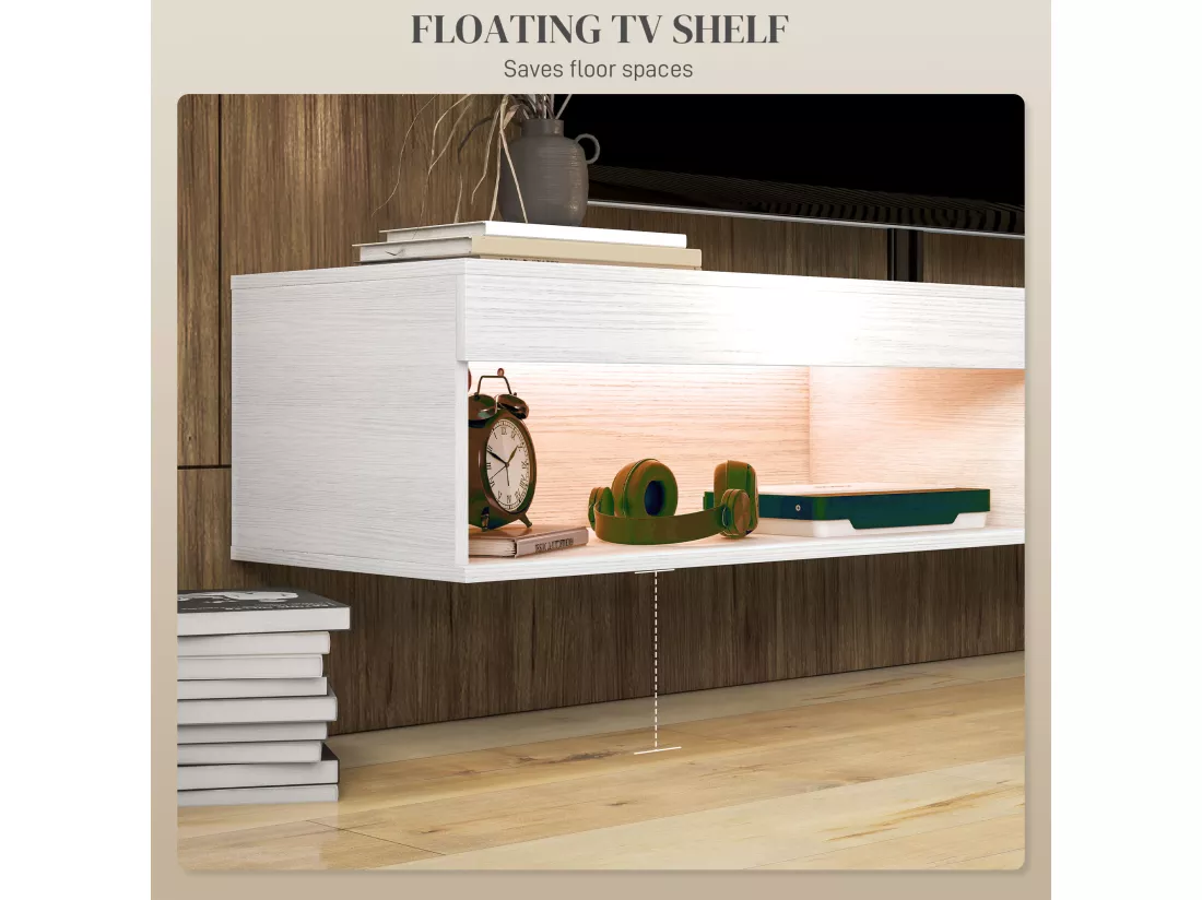 Meuble TV design LED suspendu mural - 75 pouces max. - 2 niches - dim. 180L x 40l x 30H cm - aspect bois blanc