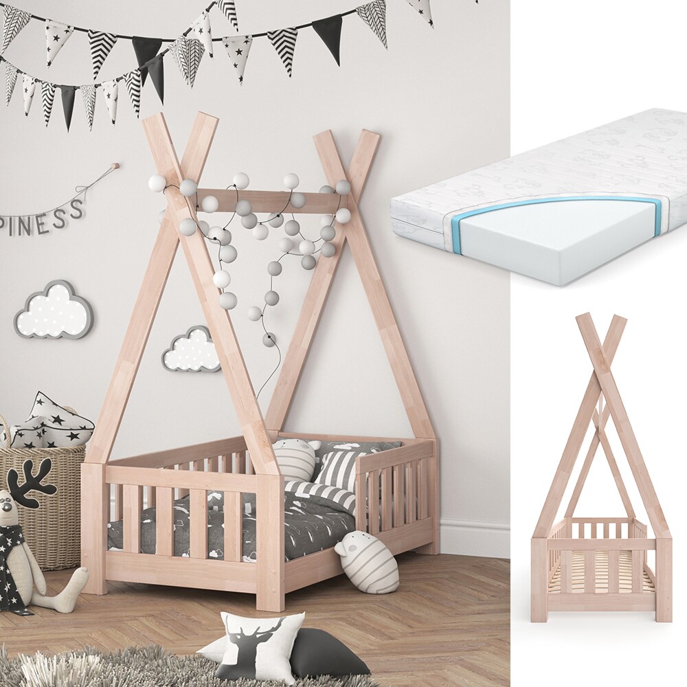 VITALISPA Kinderbett TIPI Indianer Kinderhaus Hausbett 70x140cm Natur Matratze