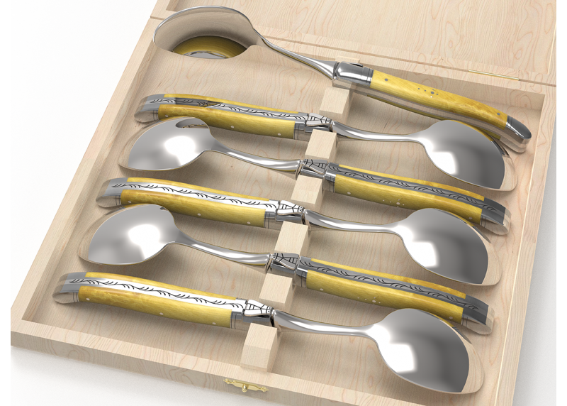 Service de 6 petites cuillères Laguiole avec un manche en buis et mitres en acier inoxydable