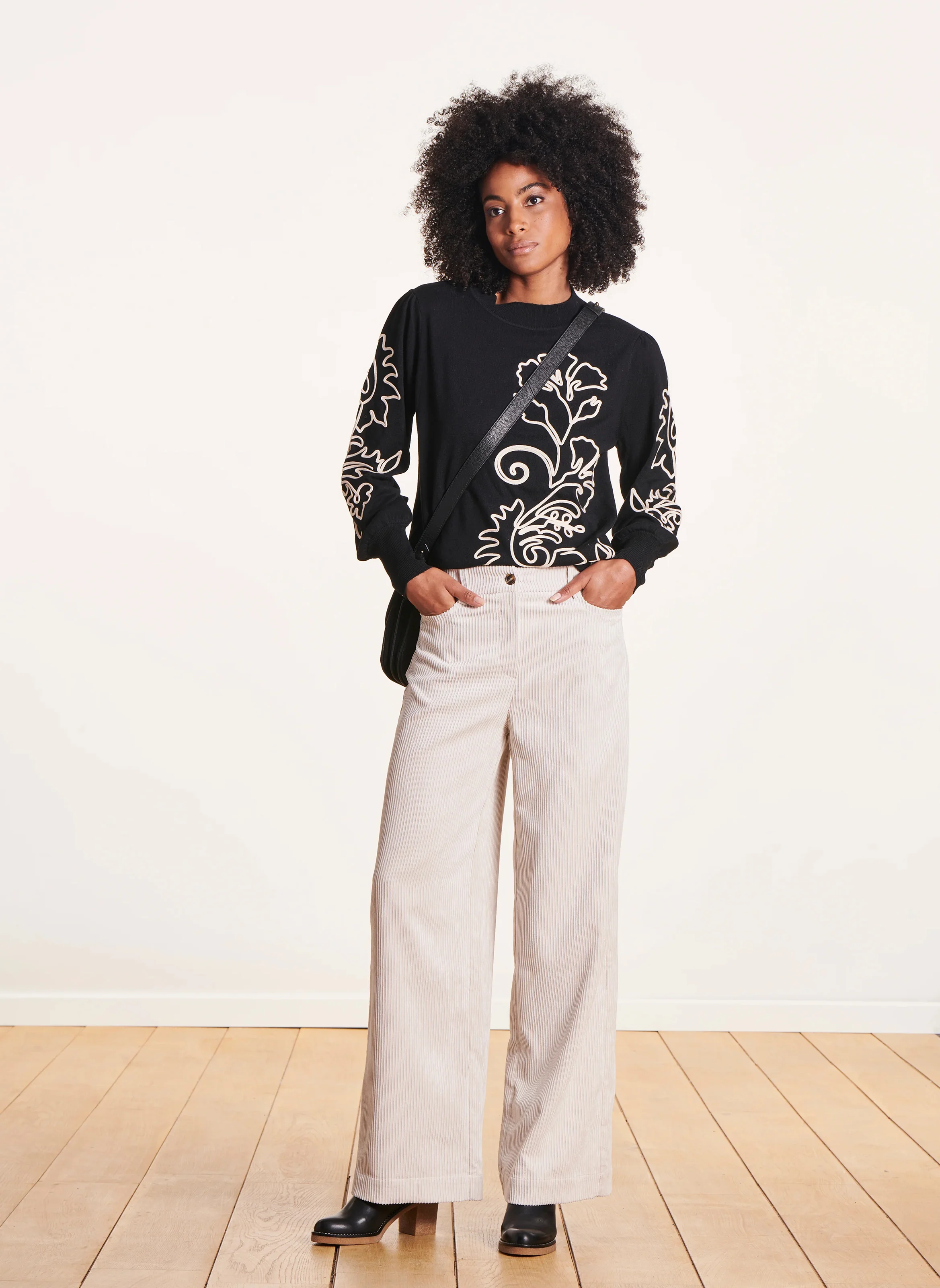 Pantalon large côtelé | Beige