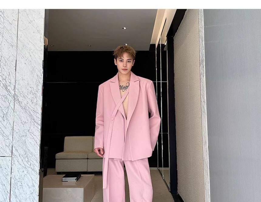 Omozando - Set: Mock Two-Piece Peak Lapel Plain Buttoned Slit Blazer + Mid Rise Wide Leg Dress Pants