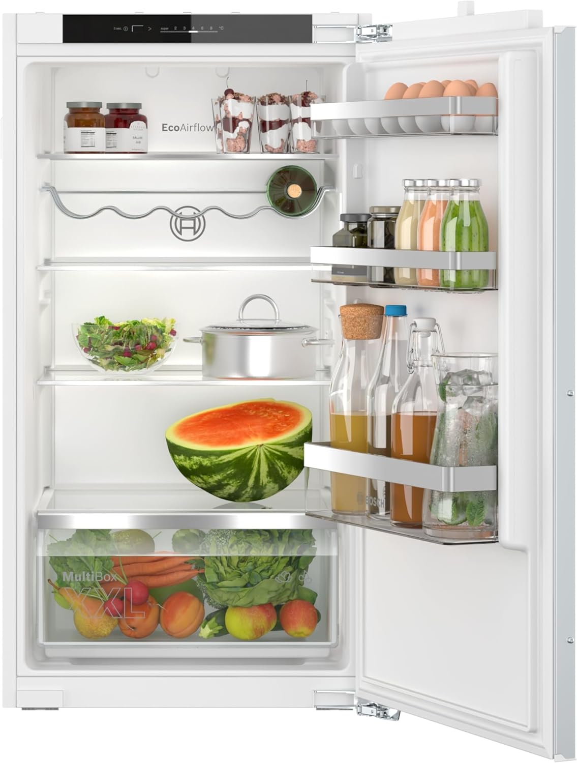 Bosch KIR31VFE0 Einbau-Kühlschrank Serie 4, integrierbarer Kühlautomat ohne Gefrierfach 102x56 cm, 165L Kühlen, Flachscharnier, MultiBox XXL, LED-Beleuchtung, EcoAirflow, SuperCooling
