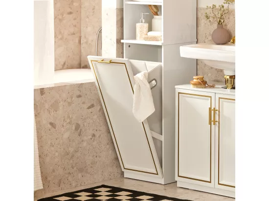 SoBuy Meuble Colonne de Salle de Bain Armoire Haute Étagère étroite de Salle de Bain Meuble de Rangement avec 2 Portes, 2 Compartiments Ouverts et 1 Panier à Linge 33x32x171 cm, BZR87-W