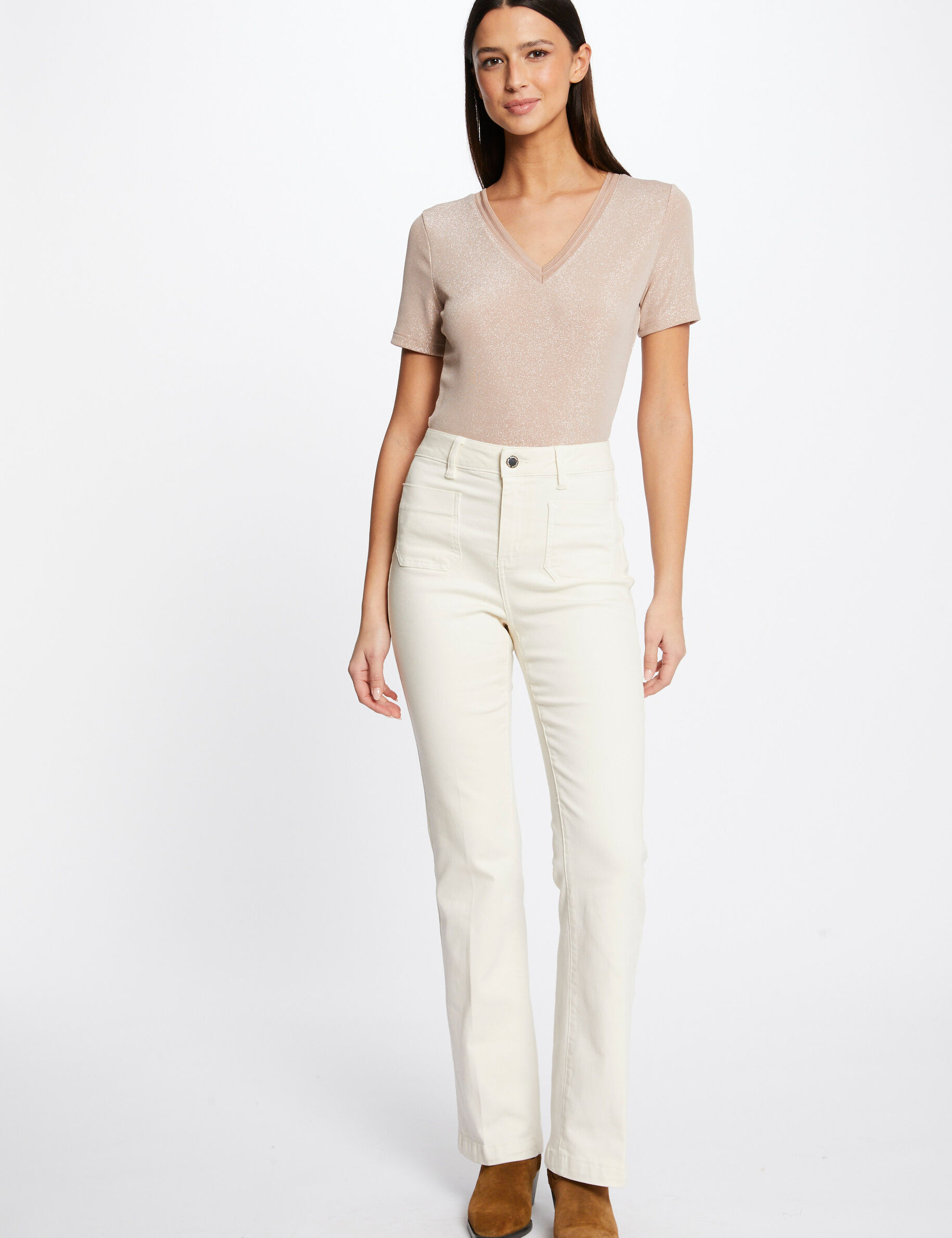 Pantalon droit avec pinces ivoire femme - ivoire