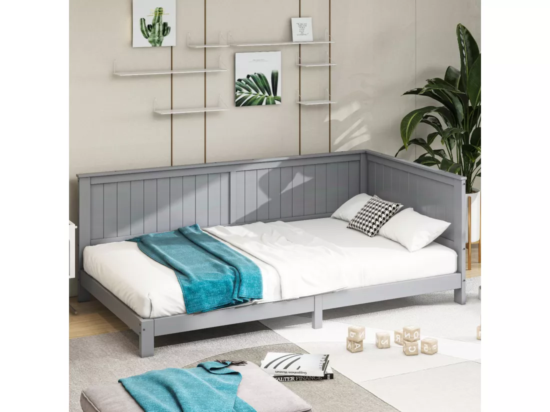 Canapé-lit 90x200 Cm En Bois, Lit Simple Enfant, Gris