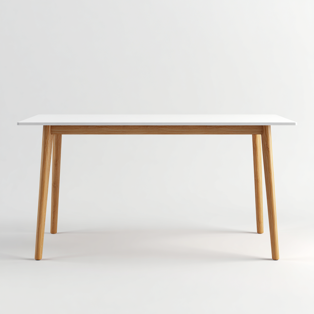 Table de salle à manger moderne avec plateau blanc et pieds en bois clair