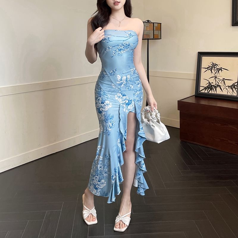 Alizio - Mouwloze bloemenprint, geplooide, split midi-jurk