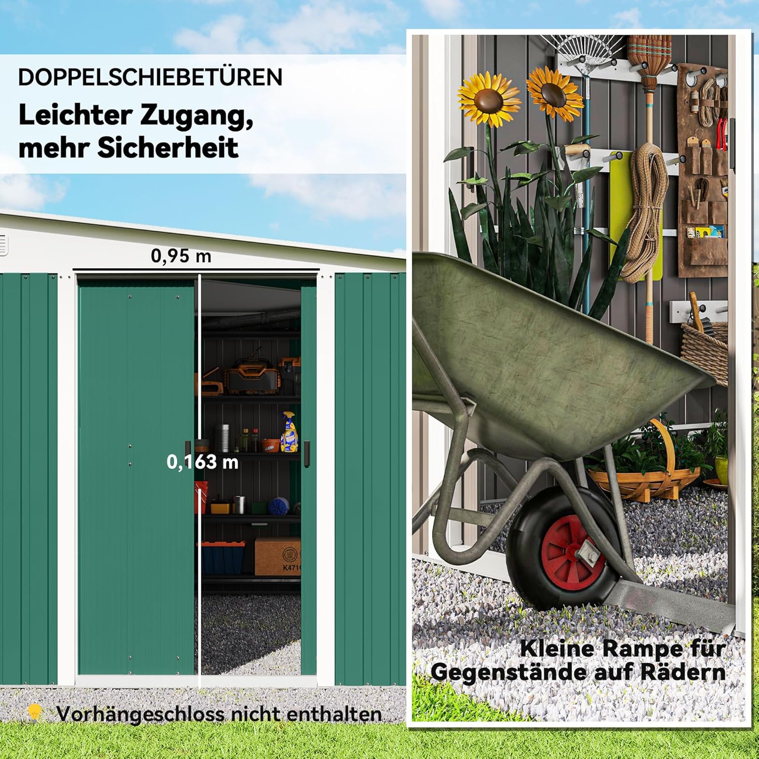Outsunny Metall Gerätehaus 280x345x201cm 19,4m³ Gartenhaus mit Pultdach Schiebetür wetterfest Geräteschuppen Schuppen Outdoor Schrank für Außenbereich Hinterhof Anthrazit Garten, Grün