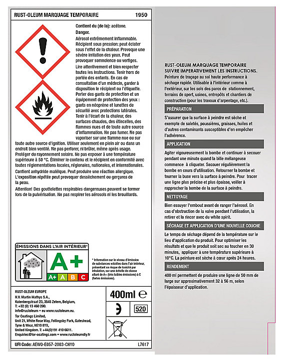 Aérosol de marquage temporaire Rust-Oleumblanc mat 400ml