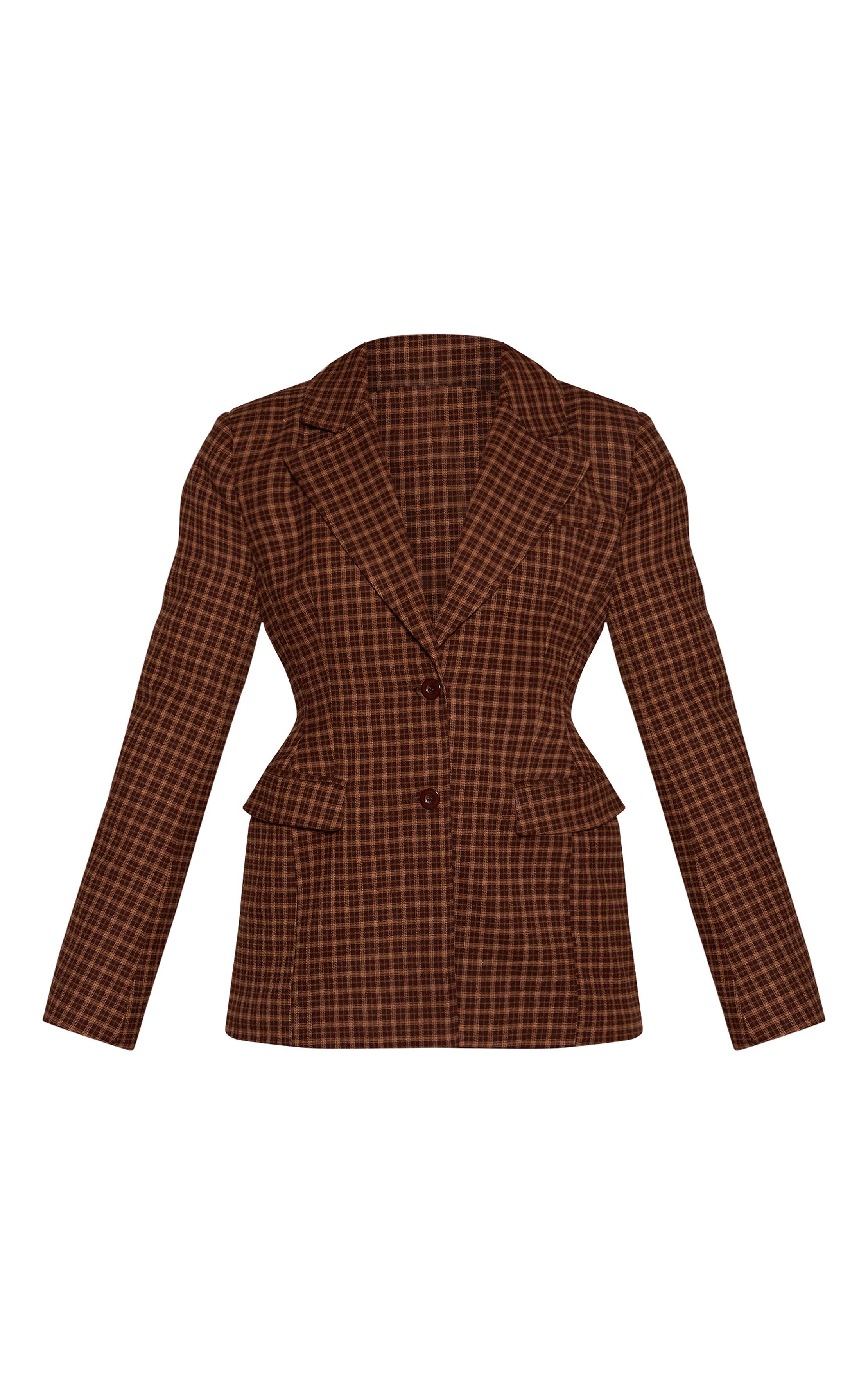 Brown Check Blazer À Carreaux Taille Cintrée Et Hanches Moulantes
