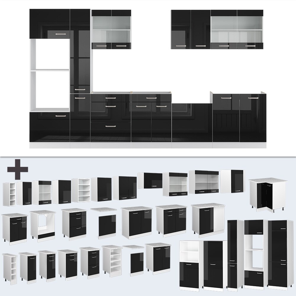 Vicco Küchenzeile R-Line Solid Weiß Schwarz 350 cm Arbeitsplatte modern Küchenschränke Küchenmöbel