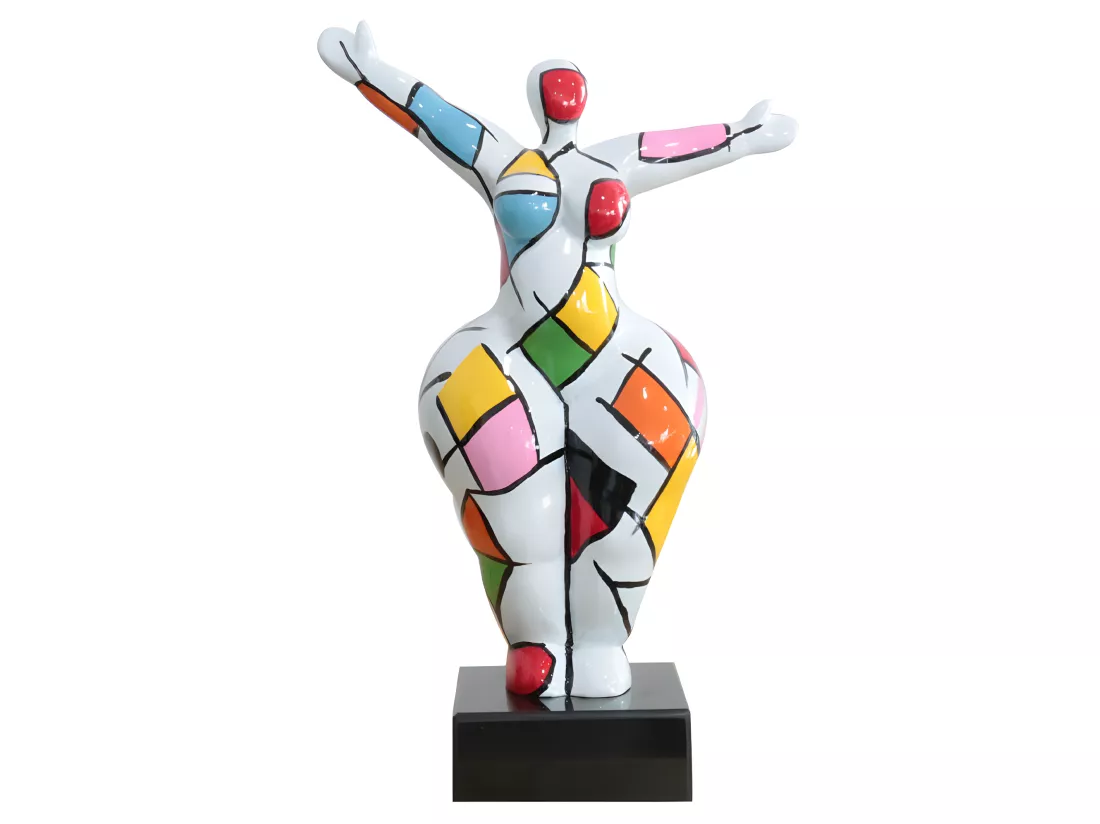 Statue femme bras levés carreaux multicolores H34 cm - LADY SQUARE