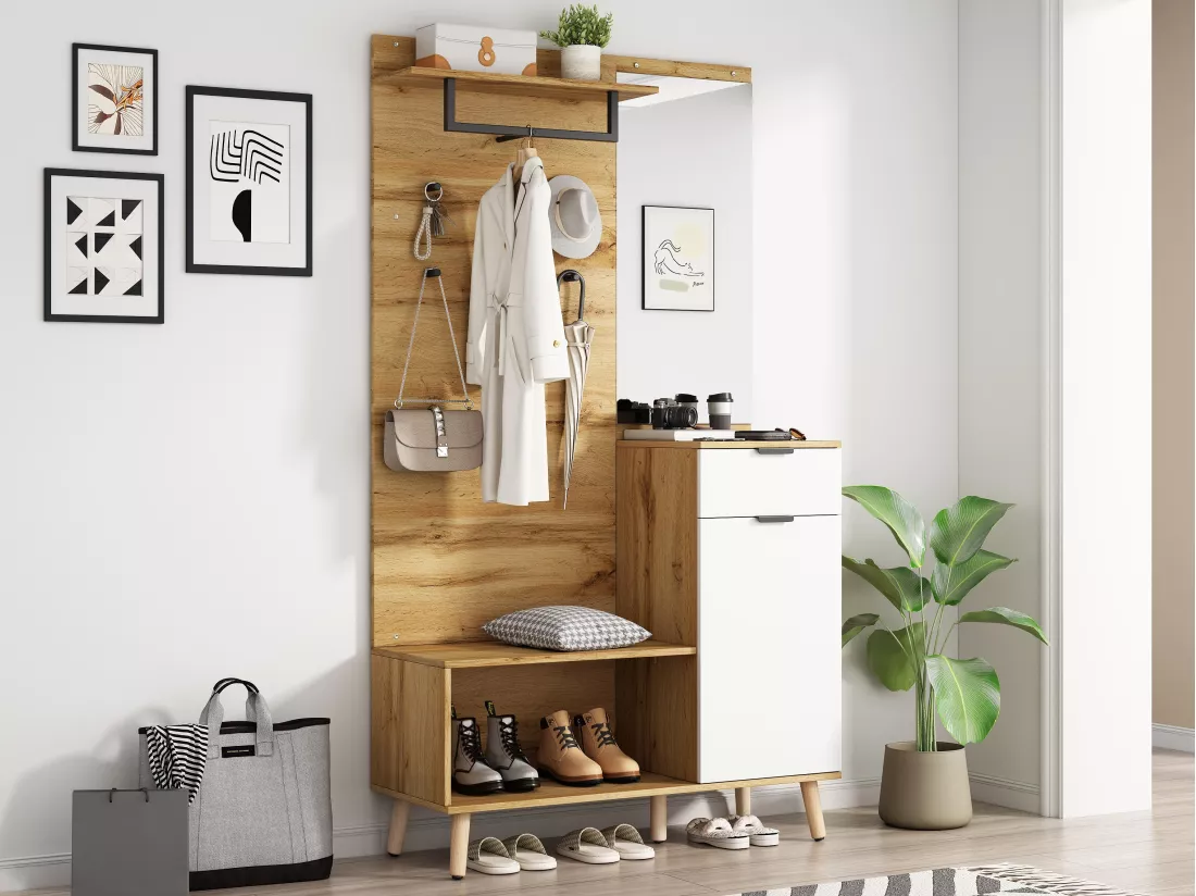 Vestiaire avec porte manteau + meuble à chaussures + miroir - Naturel