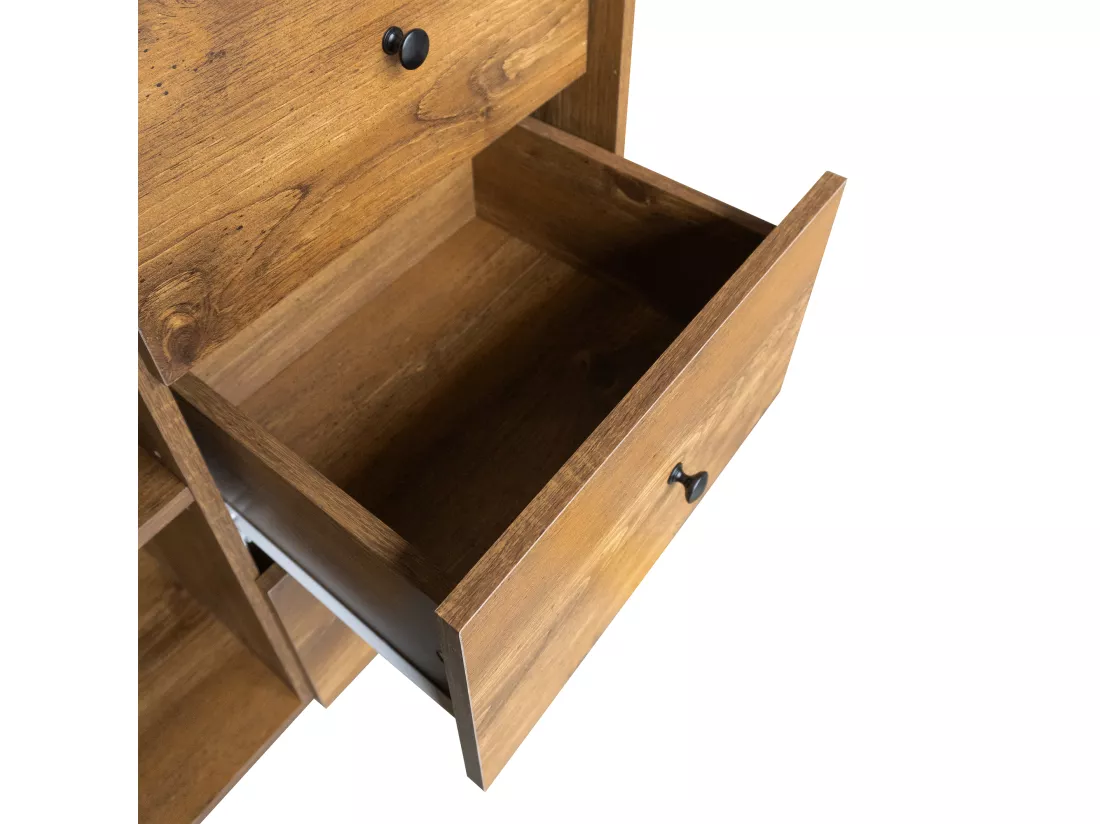 Vitrine H 160cm - avec 2 portes、3 tiroirs et 2 compartiments - Noir & Naturel