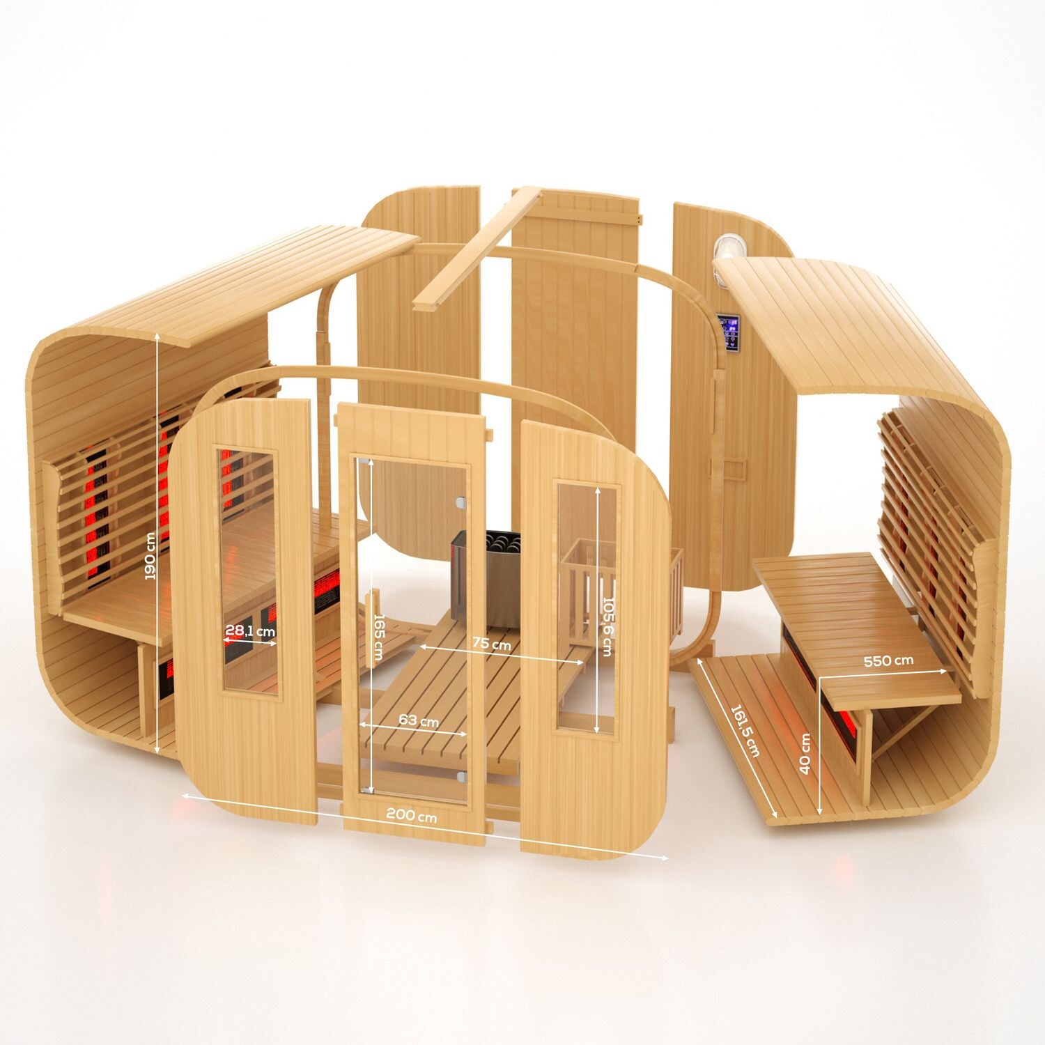 Dewello® - Outdoor Fasssauna Richmond - ca. 200 cm x 180 cm x 200 cm, Holz: Fichtenholz - inkl. 10 Infrarotstrahler, Saunaofen und Saunazubehör I Gartensauna, Außensauna, Sauna Fass für 4 Personen