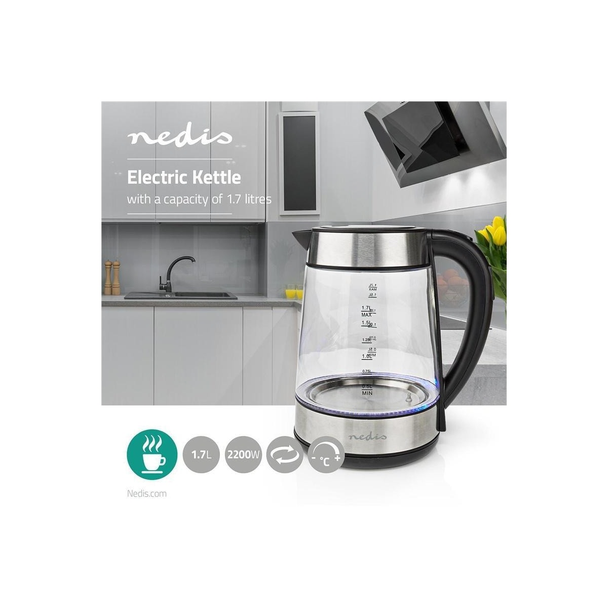 Nedis Vannkoker | 1.7 l | Glass | Gjennomsiktig | 60,70,80,90,100 °C | Temperaturindikator | Roterbar 360 grader | Skjult varmeelement | Strix® kontroll | Koketørr beskyttelse