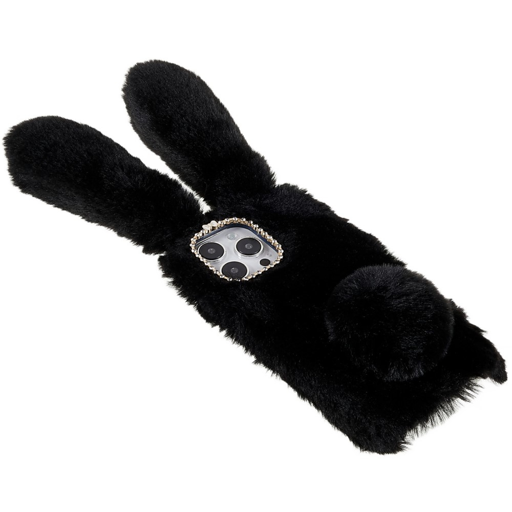 iPhone 14 Pro Max 3D Gummi Plüsch Case Hülle Bunny mit Flauschigen Hasenohren - Schwarz