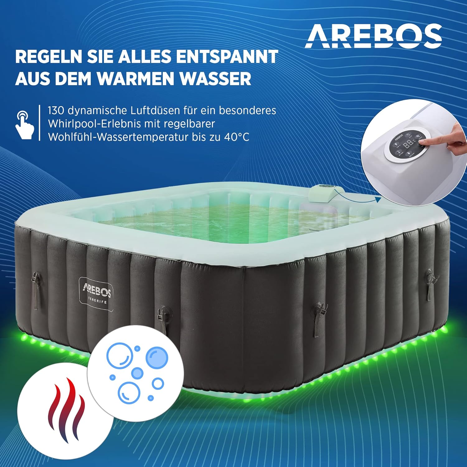 Arebos Spa Whirlpool 2400 W | automatisch aufblasbar | In- & Outdoor Spa Pool | 6 Personen | 185x185 cm | LED-Beleuchtung | 130 Massagedüsen | 910 L | Inkl. Abdeckung | Bubble Spa & Wellness Massage