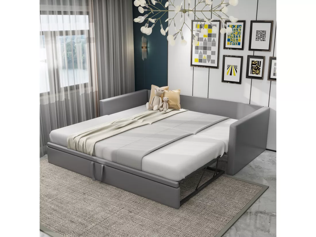 Lit gigogne 90/180 x 200 cm avec tête de lit, lit capitonné - Velours - Sommier à lattes - Gris