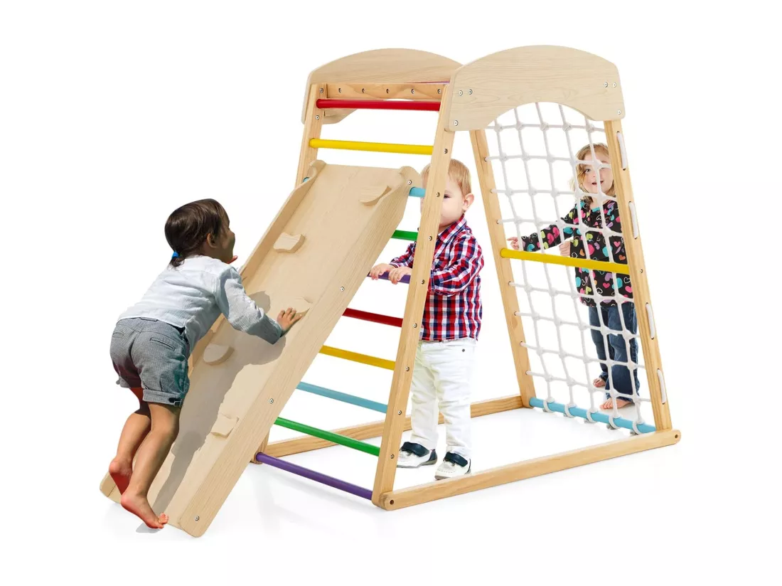 6 en 1 Triangle d'escalade en Bois Enfants avec Rampe Double Face, Aire de Jeu d’Escalade Intérieur avec Inclinaison Réglable, Filet et Echelle pour Grimper & Glisser pour 1 an+ (Multicolore)