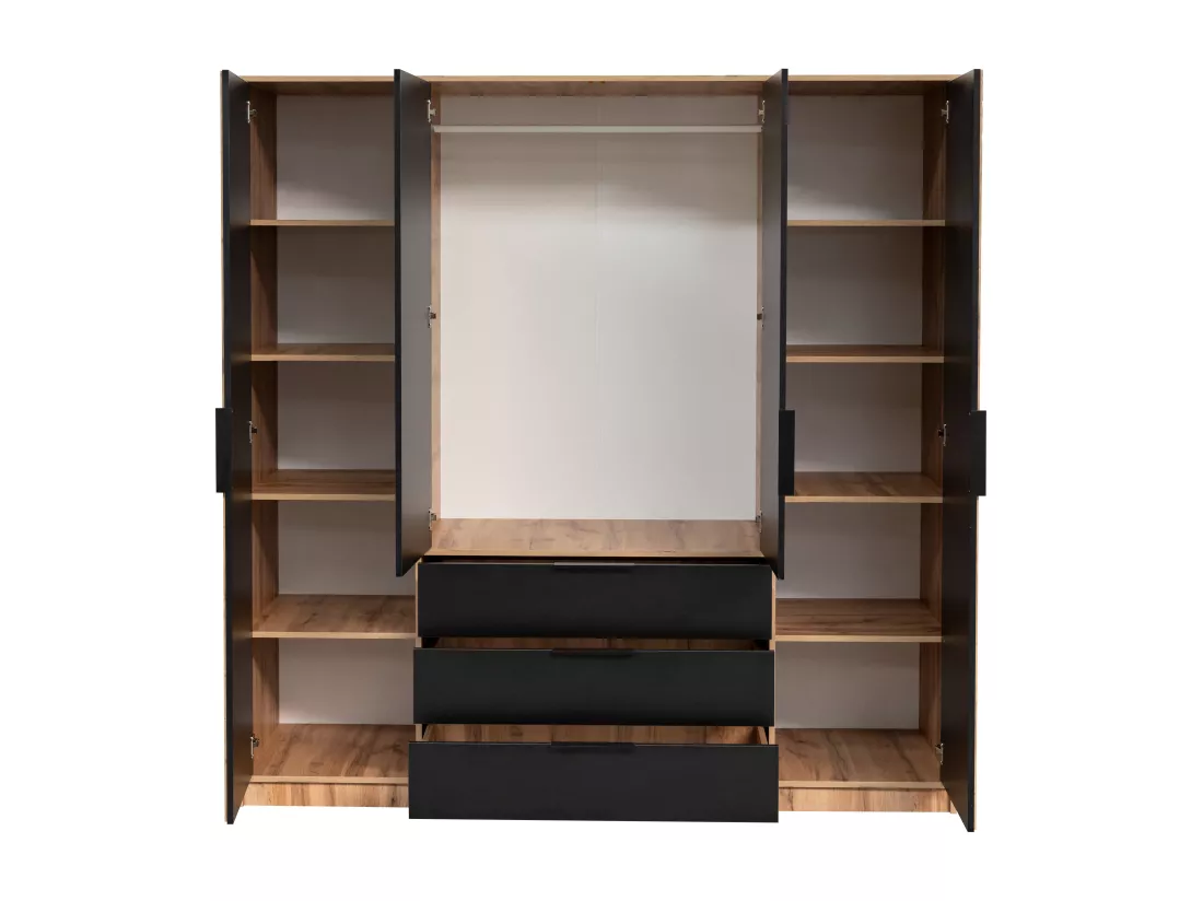 Armoire 4 portes et 3 tiroirs - Avec miroir - L196 cm - Coloris : Naturel et noir - LIRMADA