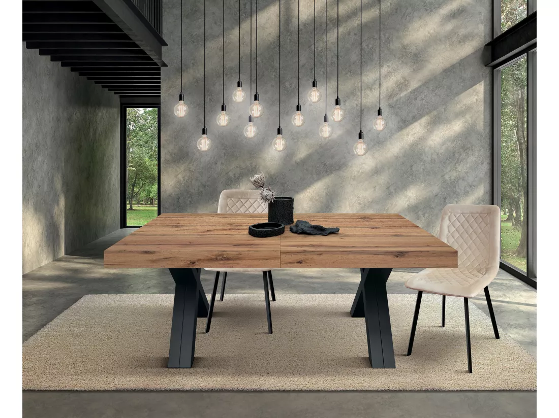 Table rustique en bois de chêne, bois anthracite Pieds en X 180x90-480x90cm - GALLIPOLI